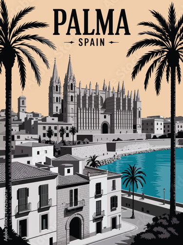 Palma poster, vintage Spain travel poster with Gothic cathedral and black typography