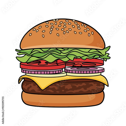 Delicious hamburger with cheese, tomato, and lettuce on a toasted bun.