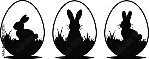 Easter bunnies and grass silhouettes inside oval egg frames on transparent background