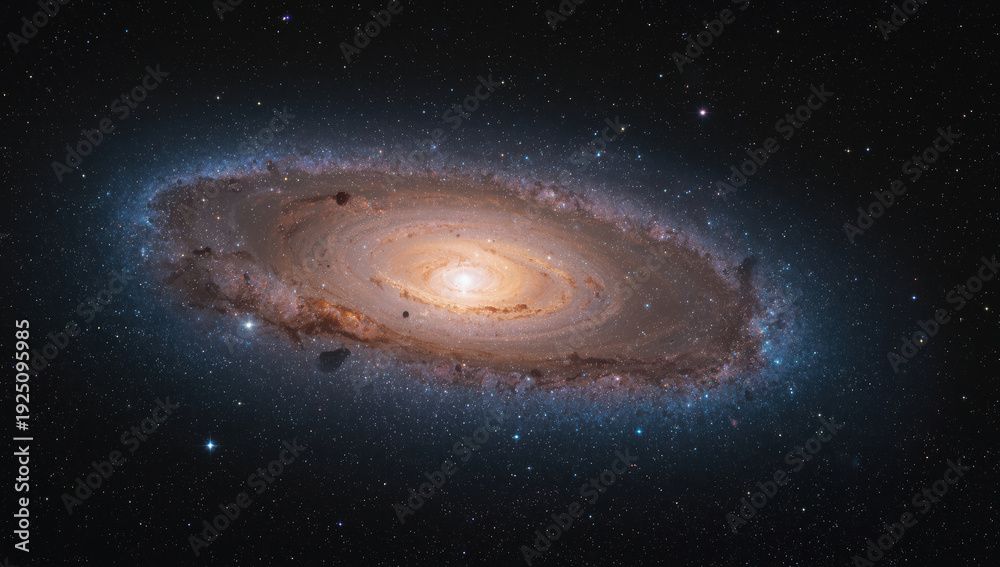 Fototapeta premium Spiral galaxy with glowing core and starfield, dust lane, blue outer arms, serene cosmic vista