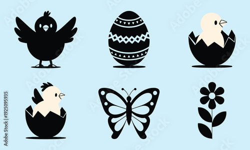 Easter symbols chicks egg butterfly flower icons set on light blue background