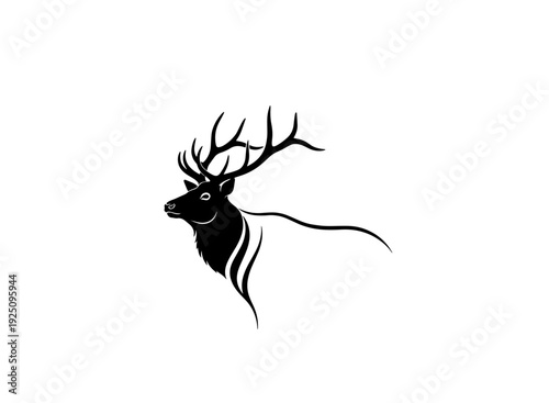 Majestic black silhouette of an elk with impressive antlers and flowing tail isolated on transparent background, isolated on white background, Vector