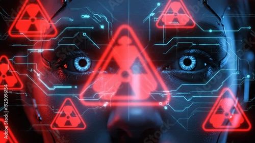 A face with glowing blue eyes, circuit patterns, and radiation warnings
