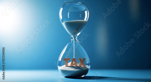 Hourglass with sand and TAX text, representing time and finance