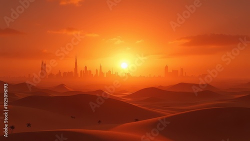 desert landscape with saudi arabia skyline dramatic sunset scene for game background concept of gaming industry, travel marketing, film production