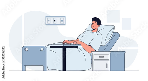 Young Man Recovering in Hospital Bed with Overbed Table and Nightstand