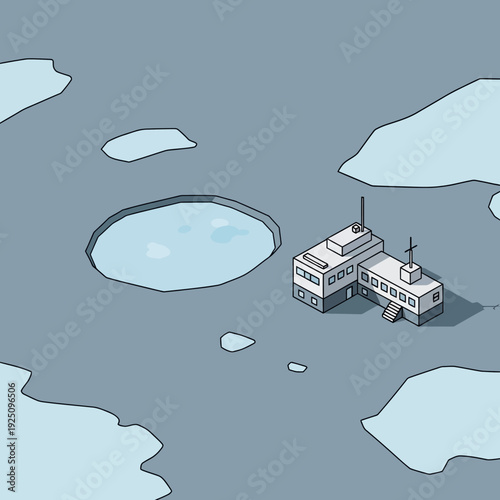 Isometric illustration of a research station on ice floes in the Arctic.