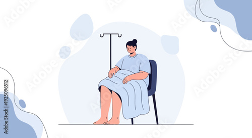 Woman Patient Sitting in Hospital Bed with IV Drip Stand