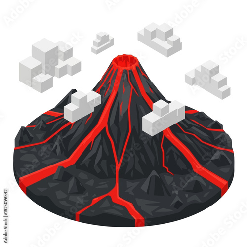 3D illustration of a volcano erupting with lava and buildings.