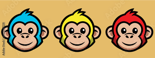 Three colorful monkey faces with blue, yellow and red hair on orange background