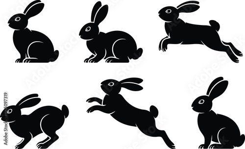 Black silhouette rabbits six poses illustration collection set with a transparent background