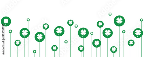 Green clover shamrock pattern on white background with circular shapes and stems. Minimal vector illustration symbolizing luck, St Patrick’s Day celebration and festive decorative backdrop design.