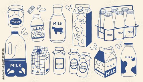 Hand drawn dairy vector set with milk bottles, cartons, yogurt jars and dairy packaging. Cute minimal doodle illustrations perfect for food branding, organic product, packaging, label, grocery design