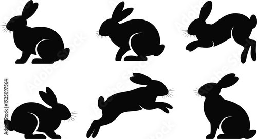 Set of black silhouette rabbits in various poses with a transparent background on vector