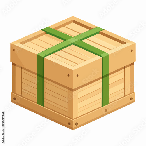 Angled wooden crate secured with bright green strap photographed on a plain white backdrop, showcasing depth and perspective from a low‑angle viewpoint, highlighting texture and packaging