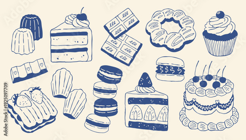 Hand drawn dessert vector set with cakes, cupcakes, macarons, chocolate, pastries and sweets. Cute bakery illustrations in minimal doodle style, perfect for menus, packaging, branding and food design