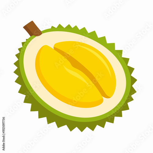 Playful cartoon cutaway illustration of a durian fruit revealing green spiky skin and bright yellow flesh, viewed from a frontal angle with a brown stem against a clean white backdrop