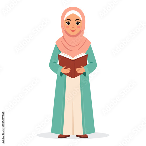 Front‑view cartoon illustration of a serene woman in a pink hijab and teal robe gently holding an open brown book, conveying contemplation and tranquility in a minimalist white setting
