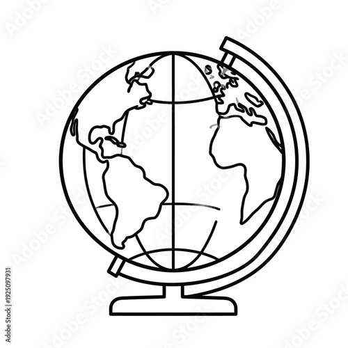 Observing a minimalist black line drawing of a globe on a simple circular stand, tilted toward the upper‑right, highlighting continents and oceans from a frontal viewpoint in a clean white environment