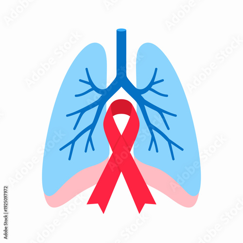 Medical illustration showing blue lungs with dark bronchi and trachea, a red ribbon across the center, highlighting lung health awareness, presented in a clean white layout from a frontal view