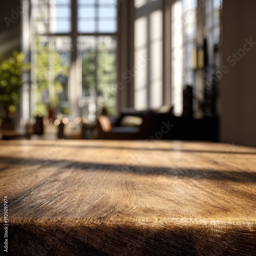Close-up of a weathered wood table with blurred interior and natural light from large windows