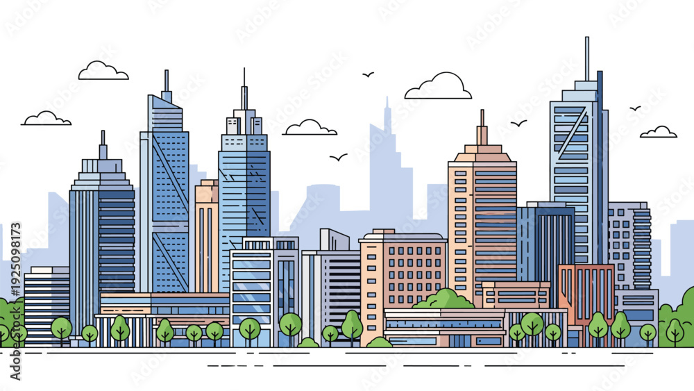 Fototapeta premium Detailed city skyline illustration featuring numerous tall skyscrapers and modern office buildings under a sky with floating clouds.