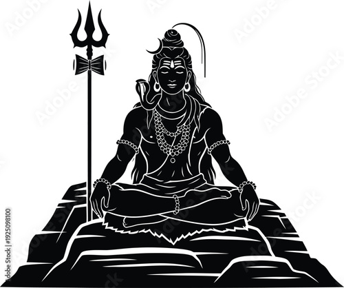 Lord Shiva India Graphic – Black and White Meditative Illustration with Trident, Damaru, Crescent Moon, Third Eye, Ornaments, and Serene Posture