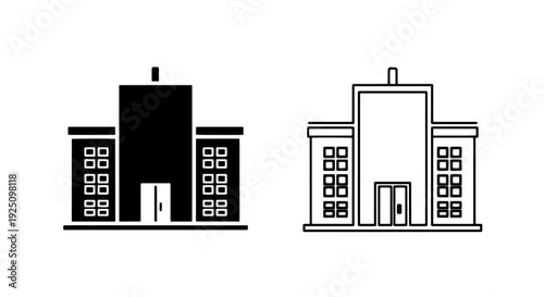 Tall Modern Office Building Icons: Urban Corporate Architecture, Business, and Real Estate Symbol
