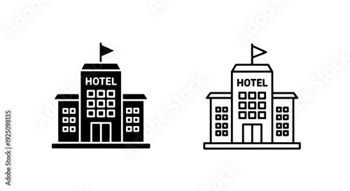 Modern Hotel Building Icons with Flag: Hospitality, Travel, Accommodation, and Business Destination Symbol