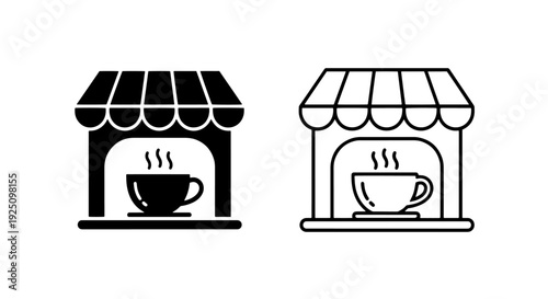 Simple vector illustration of a steaming coffee cup under a store awning, perfect for cafe and beverage themes.