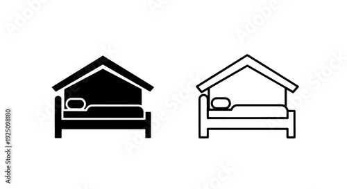 Simple house icon with a bed inside, representing home, sleep, lodging, and private accommodation.
