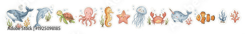 Underwater baby sea creatures sticker pack with narwhal, octopus, jellyfish. Collection of Vector illustrations. Perfect for invitation, card, poster, banner, decoration