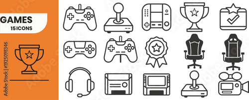 Gaming Icons Collection: A collection of gaming icons including controllers, joystick, game console, trophies, headset and more. Perfect to represent the gaming world.