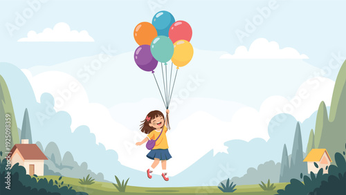 Joyful little girl floating high in the sky while holding a large bunch of colorful balloons above a scenic landscape with hills and houses.