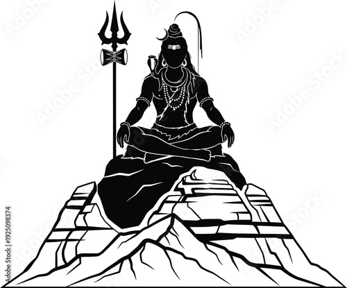 Lord Shiva India Graphic – Black and White Meditative Illustration with Trident, Ornaments, Stylized Mountain, and Serene Posture