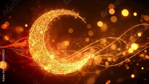 Glowing golden crescent shape with swirling light particles on dark background