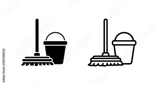 Modern Black Mop and Bucket Icons for Floor Cleaning and Housekeeping Services