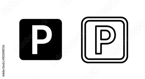 Parking Lot Sign Icon Black Square and Outline Symbol for Car Park and Traffic Navigation