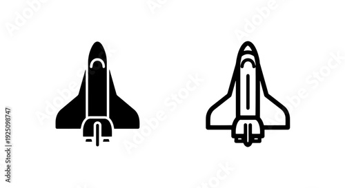 Top View Space Shuttle Icon Solid Black and Outline for Aerospace Travel and Exploration