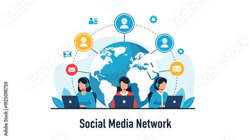 Social media network illustration with customer support representatives working at laptops against a global map and icons.