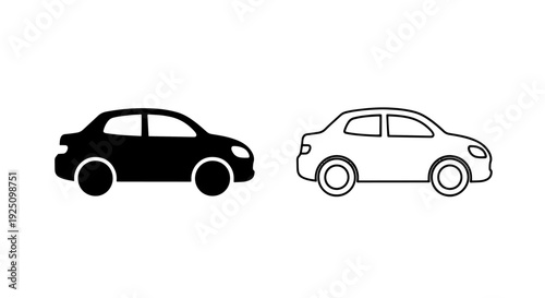 Classic Sedan Car Icon Outline and Solid Black Silhouette for Automotive and Transportation