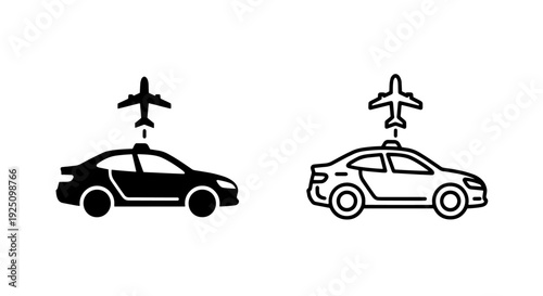 Car and Airplane Travel Icon Solid Black and Outline for Airport Transfer and Transportation Services