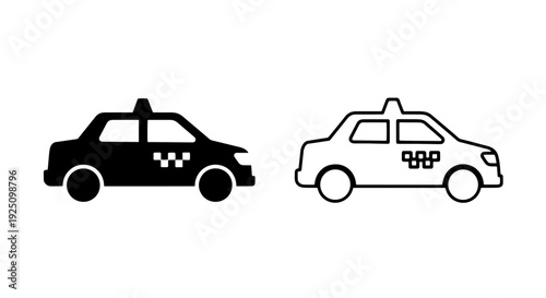 Modern Taxi Cab Service Vector Icons; Simple Black and White City Transportation Symbols