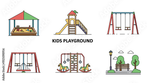 Kids playground elements collection including sandbox, slide, swings, rocking horses, and a park bench under trees and lamps.
