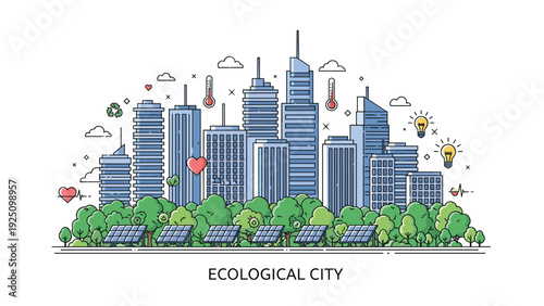 Ecological city concept illustration showing modern skyscrapers integrated with solar energy, green trees, and nature icons.