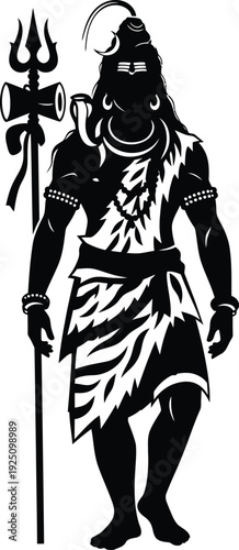 Lord Shiva India Graphic – Black and White Silhouette Illustration with Trident, Damaru, Tiger Skin, Crescent Moon, and Ornaments