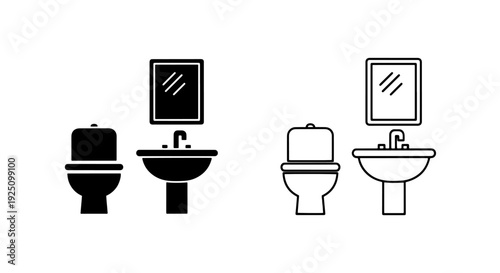 Bathroom Interior Icons Featuring Toilet Sink and Mirror in Solid and Linear Vector Styles for Home Design
