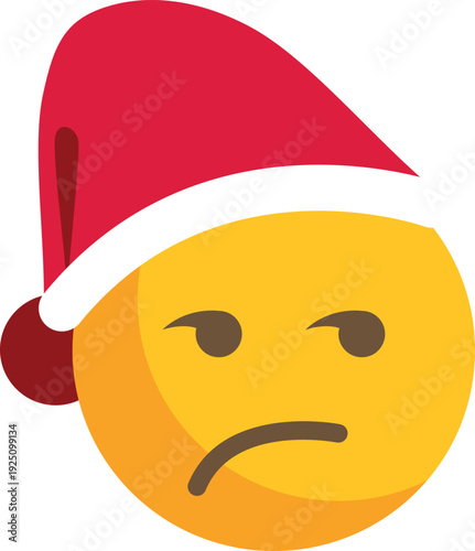Grumpy yellow emoji wearing a red santa hat expressing displeasure on a white background