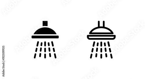 Set of Modern Shower Head Icons with Falling Water in Solid and Outline Vector Illustration Formats