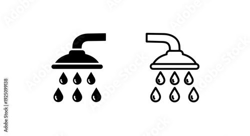 Minimalist Shower Head Icons with Water Droplets in Solid and Linear Styles for Sanitary and Plumbing Design